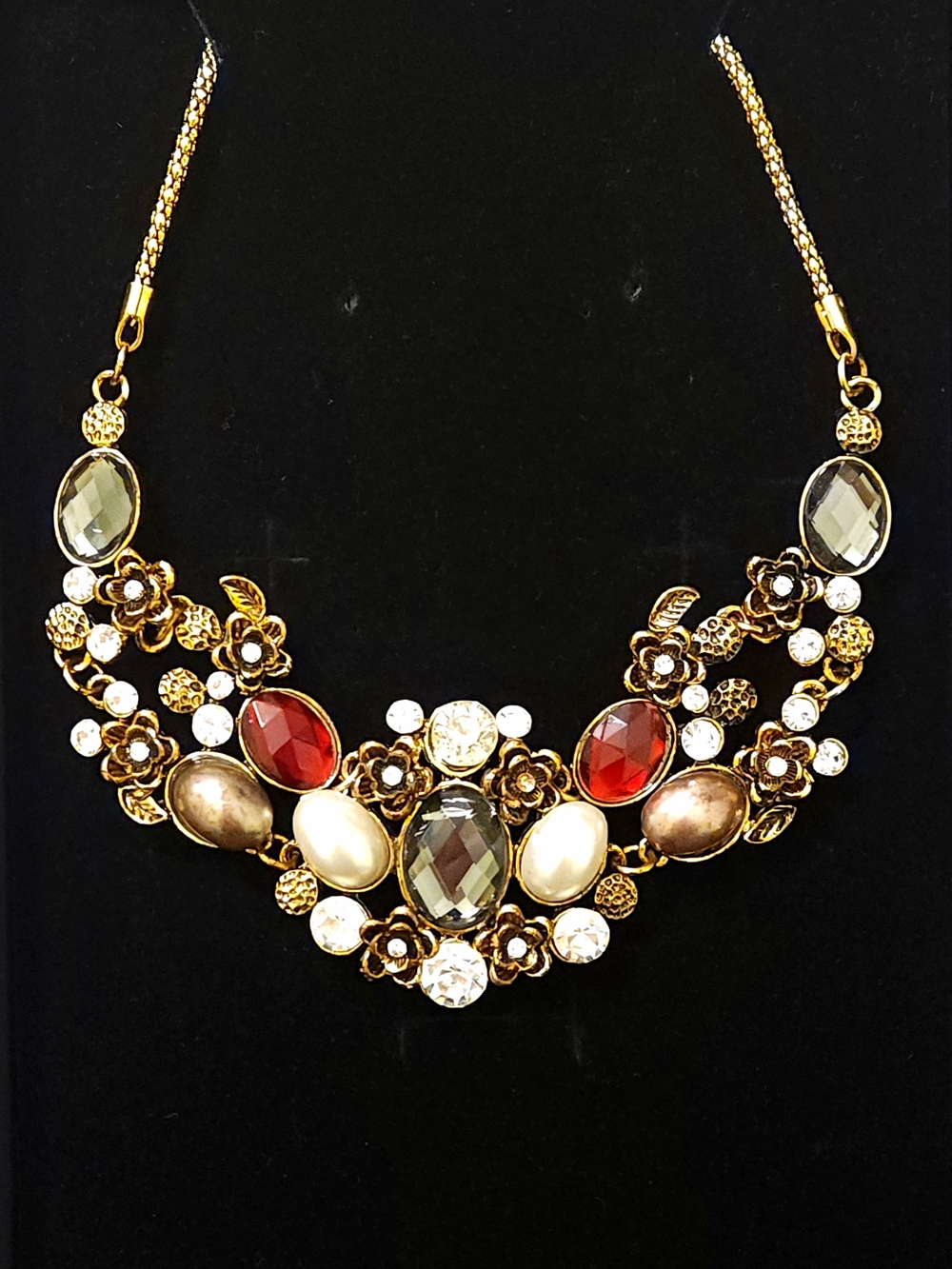 Gold Floral Statement Necklace with Multicolor Gems - Custom Made
